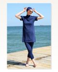 Moda Çizgi Short Sleeve Navy Blue Half Hijab Swimsuit 33015 Marketplace