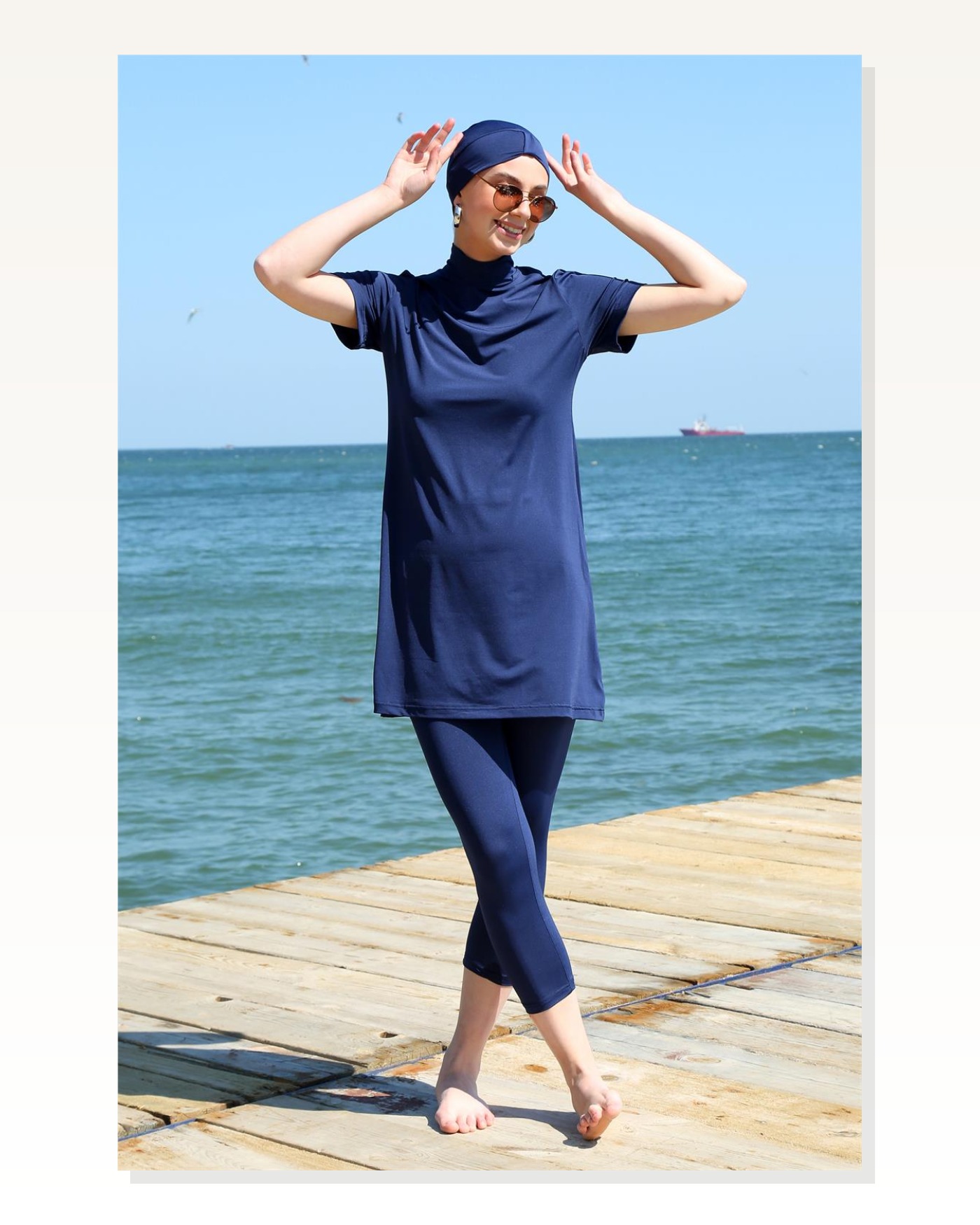 Moda Çizgi Short Sleeve Navy Blue Half Hijab Swimsuit 33015 Marketplace blank