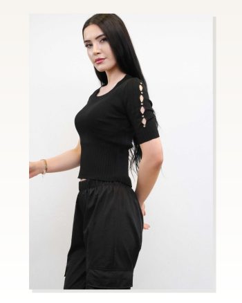 Moda Çizgi Sleeves Stone Knitwear Blouse Black