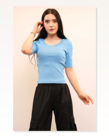 Moda Çizgi Sleeves Stone Knitwear Blouse Blue