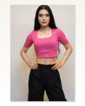 Moda Çizgi Square Collar Knitwear Crop Fuchsia