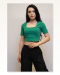 Moda Çizgi Square Collar Knitwear Crop Green Marketplace