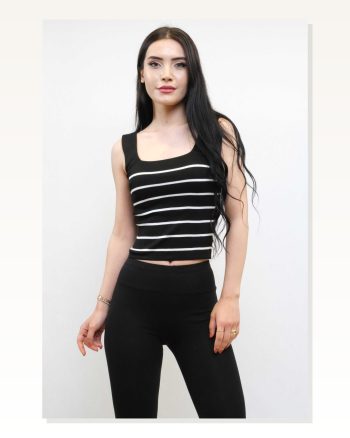 Moda Çizgi Square Neck Striped Knitwear Blouse Black