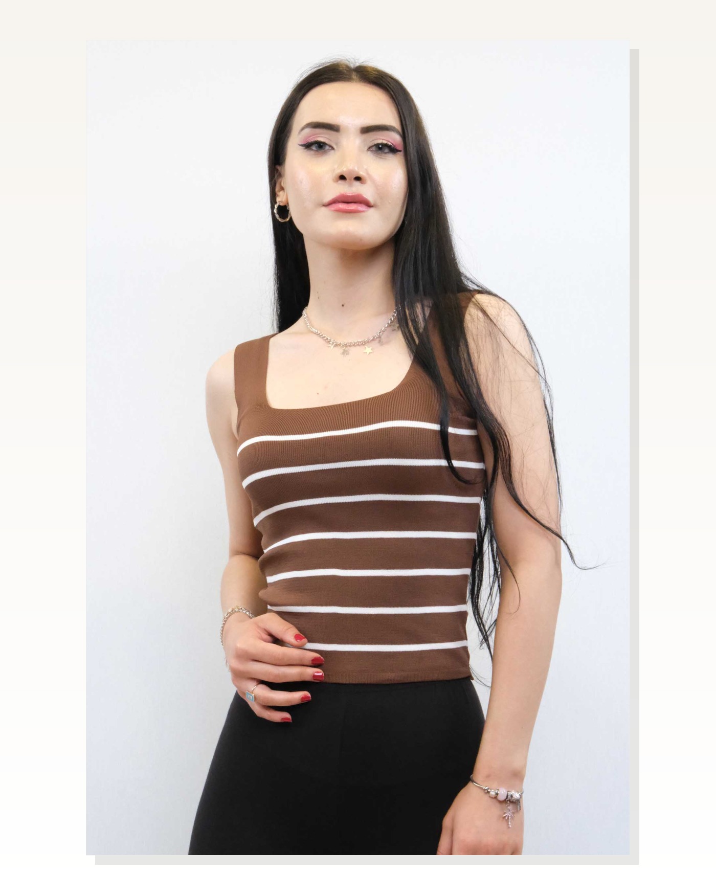 Moda Çizgi Square Neck Striped Knitwear Blouse Brown Marketplace blank