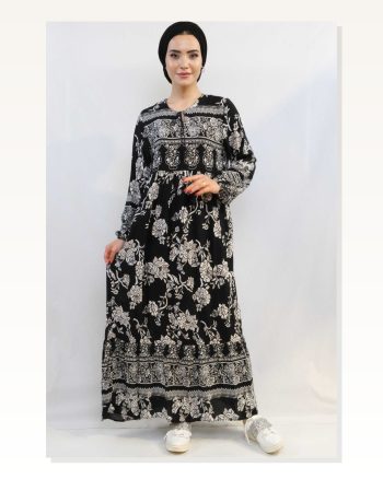 Moda Çizgi Vintage Pattern Dress Black