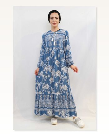 Moda Çizgi Vintage Pattern Dress Blue