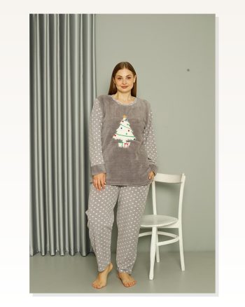 Kadın Moda Çizgi Welsoft Polar Büyük Beden Gri Pijama Takımı 808048