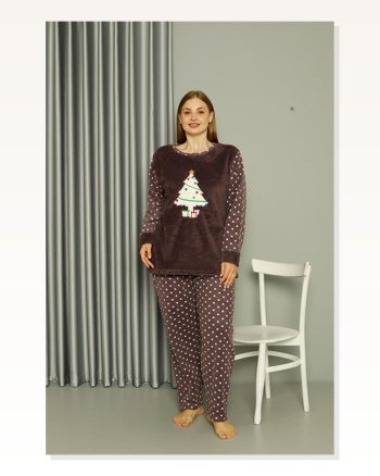 Kadın Moda Çizgi Welsoft Polar Büyük Beden Mürdüm Pijama Takımı 808048