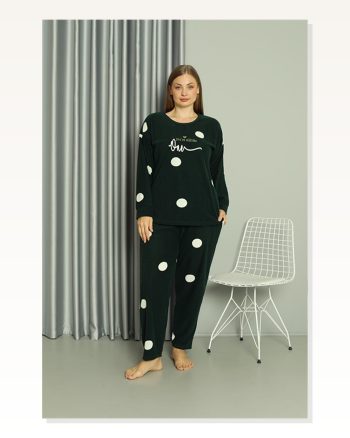 Kadın Moda Çizgi Welsoft Polar Büyük Beden Petrol Rengi Pijama Takımı 808045