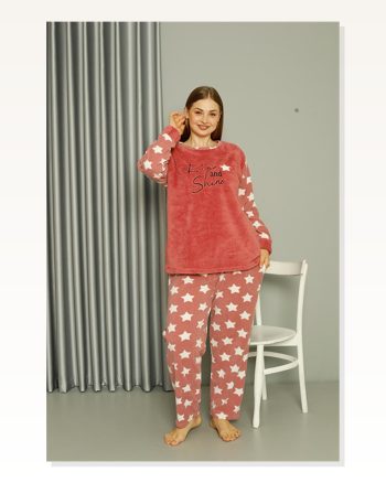 Kadın Moda Çizgi Welsoft Polar Büyük Beden Pudra Pijama Takımı 808042