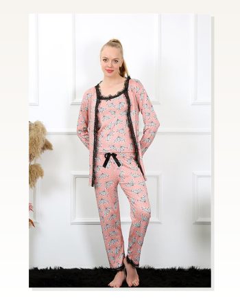 Moda Çizgi Women’s 3-PIECE Salmon Dressing Gown Pajama Set 16103