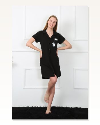 Moda Çizgi Women's Combed Cotton Front Buttoned Black Tunic Nightgown 1032
