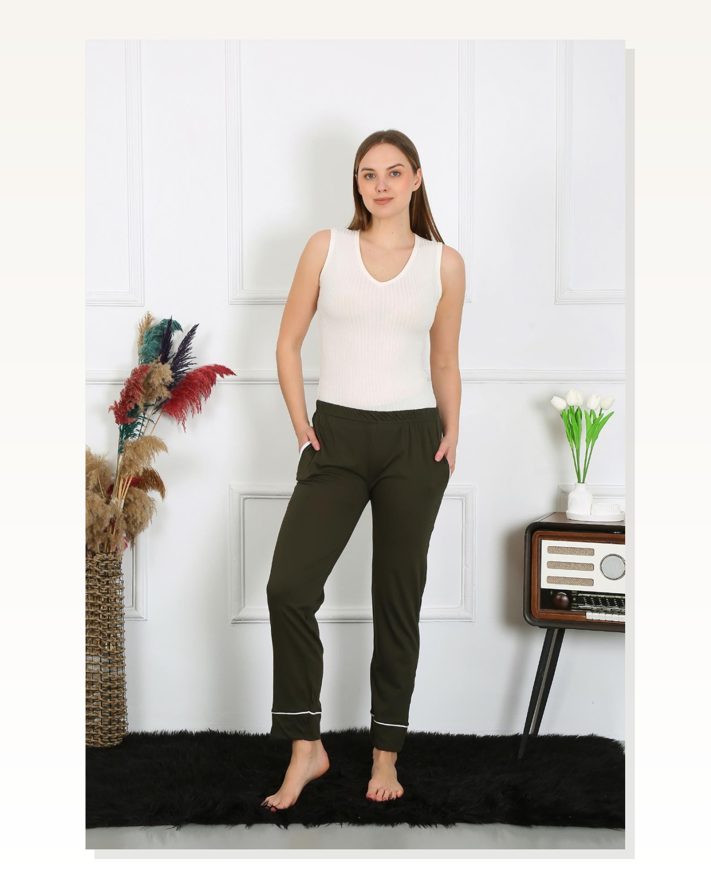 Moda Çizgi Women's Cotton Combed Cotton Single Bottom Pajamas with Pockets Khaki 27512 Marketplace blank