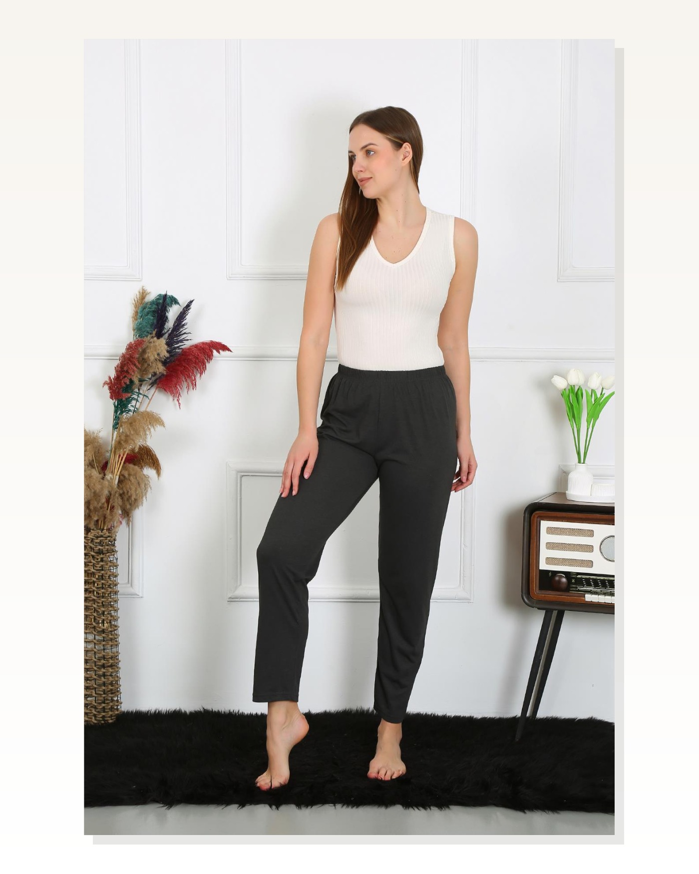 Moda Çizgi Women's Cotton Combed Single Bottom Pajamas Smoked 27514 Marketplace blank
