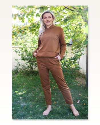 Moda Çizgi Women’s Cotton Hooded 3 Thread Brown Tracksuit With Pockets 9037