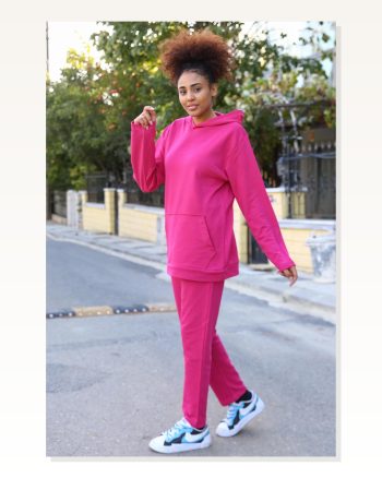 Moda Çizgi Women’s Cotton Hooded 3 Thread Fuchsia Tracksuit With Pocket 9037