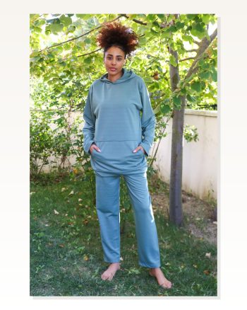 Moda Çizgi Women's Cotton Hooded 3 Thread Green Tracksuit with Pocket 9037