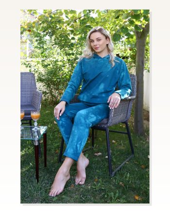 Moda Çizgi Women’s Cotton Hooded 3 Thread Turquoise Tracksuit With Pocket 9037