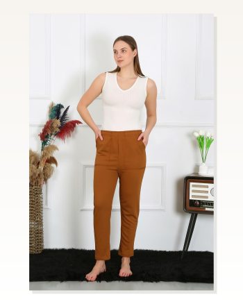 Moda Çizgi Women's Cotton Pocket 3 Thread Bottom Tracksuit Brown 27510