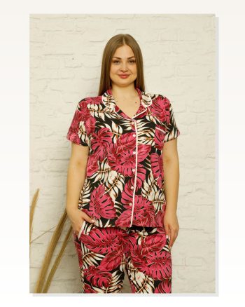 Moda Çizgi Women's Cotton Pocketed Short Sleeve Plus Size Pajama Set 202122