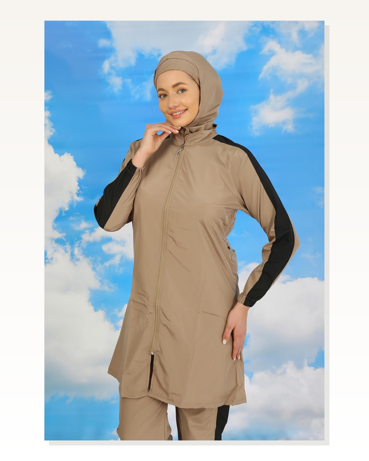 Moda Çizgi Women's Full Hijab Swimsuit with Trousers and Stripes Beige 31066 Marketplace blank