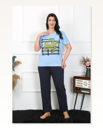 Moda Çizgi Women's Large Size Blue Pajama Set 202402
