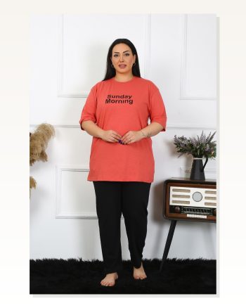 Moda Çizgi Women's Large Size Coral Pajama Set 202404