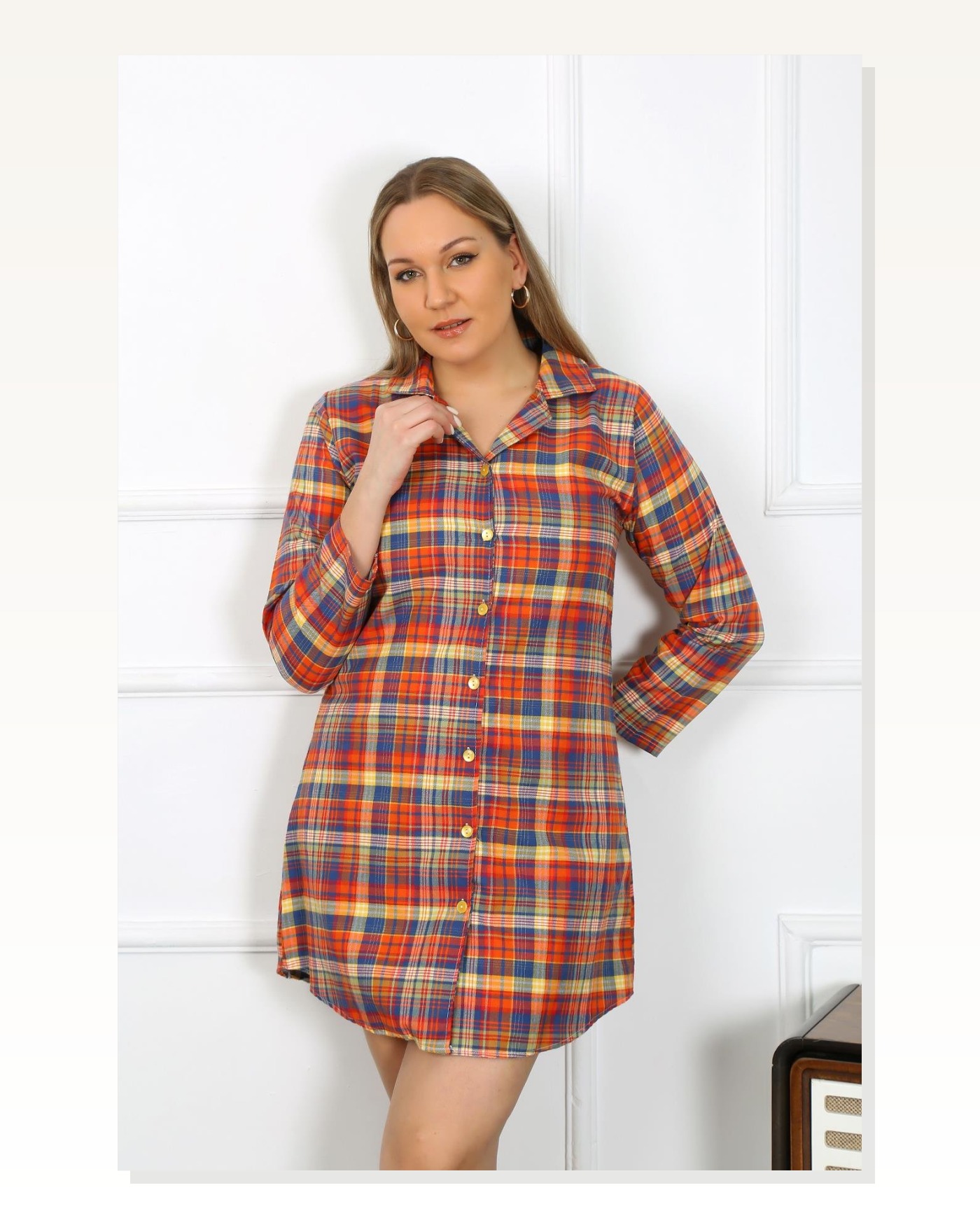 Moda Çizgi Women's Large Size Cotton Buttoned Long Sleeve Tunic Nightgown 12206 Marketplace blank