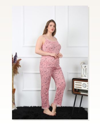 Moda Çizgi Women's Large Size Salmon Rope Strap Pajama Set 202198