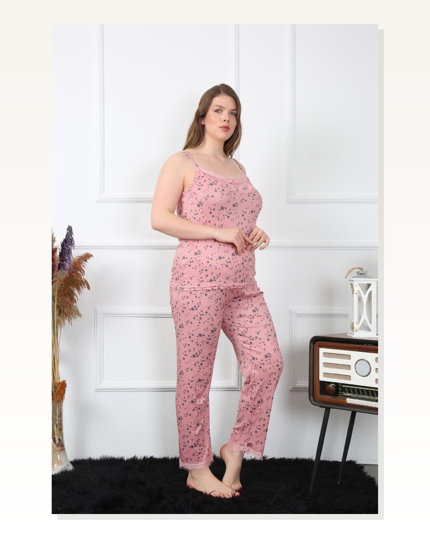 Moda Çizgi Women's Large Size Salmon Rope Strap Pajama Set 202198 Marketplace blank