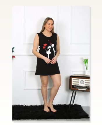 Moda Çizgi Women's Large Size Thick Strap Combed Cotton Above Knee Black Nightgown 12501