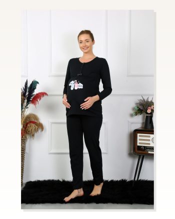 Moda Çizgi Women's Long Sleeve Pregnant Maternity Pajama Set Black 45501