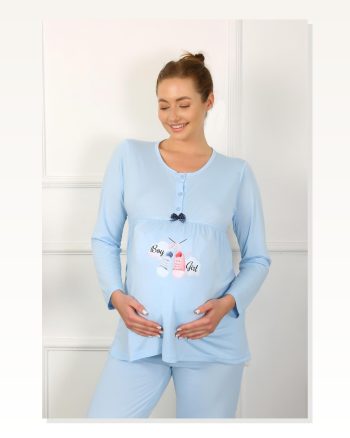 Moda Çizgi Women's Long Sleeve Pregnant Maternity Pajama Set Blue 45501