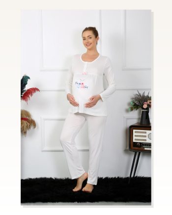 Moda Çizgi Women's Long Sleeve Pregnant Maternity Pajama Set Ecru 45501