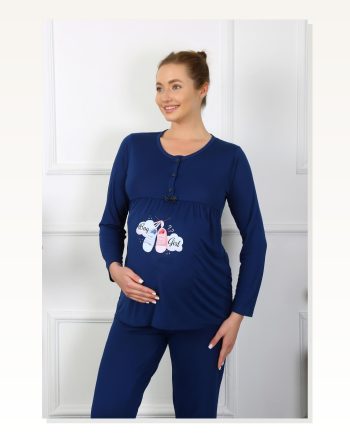Moda Çizgi Women's Long Sleeve Pregnant Maternity Pajama Set Navy Blue 45501