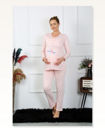 Moda Çizgi Women's Long Sleeve Pregnant Maternity Pajama Set Powder 45501