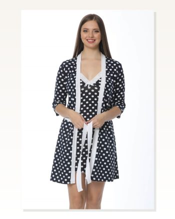 Moda Çizgi Women's Navy Blue Polka Dot Nightgown Dressing Gown Set 1212