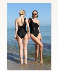 Moda Çizgi Women's One Shoulder Ruffle Swimsuit Black 34025