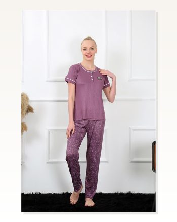Moda Çizgi Women's Plum Short Sleeve Pajama Set 20388