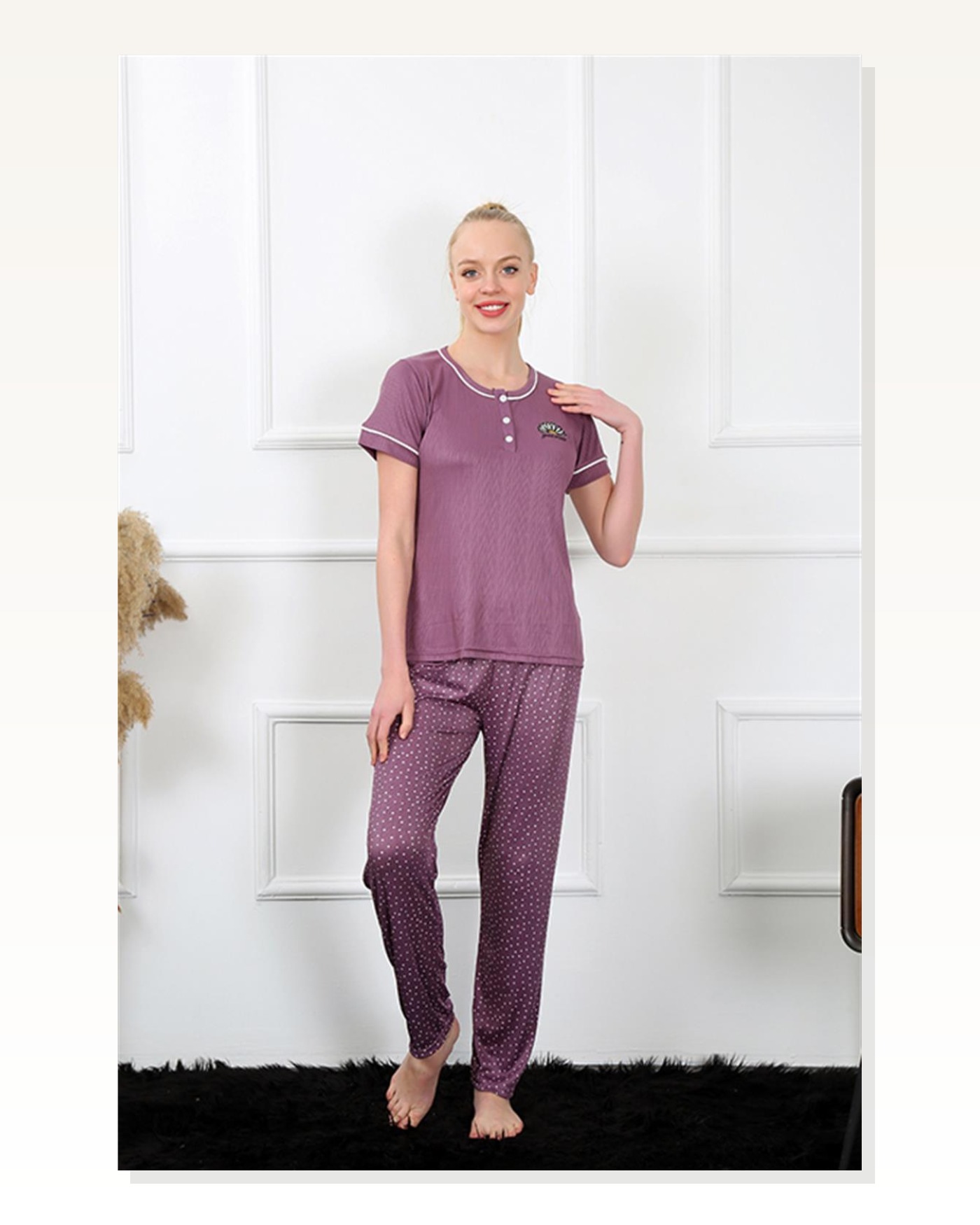 Moda Çizgi Women's Plum Short Sleeve Pajama Set 20388 Marketplace blank