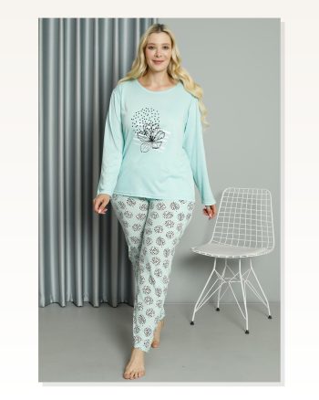 Moda Çizgi Women's Plus Size Combed Cotton Long Sleeve Pajama Set 202211