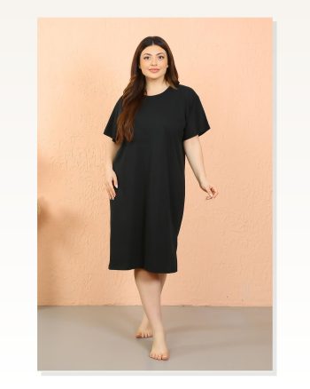 Moda Çizgi Women's Plus Size Combed Cotton Short Sleeve Black Nightgown 12502