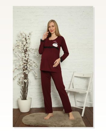 Moda Çizgi Women's Pregnant Maternity Claret Red Pajama Set 45201