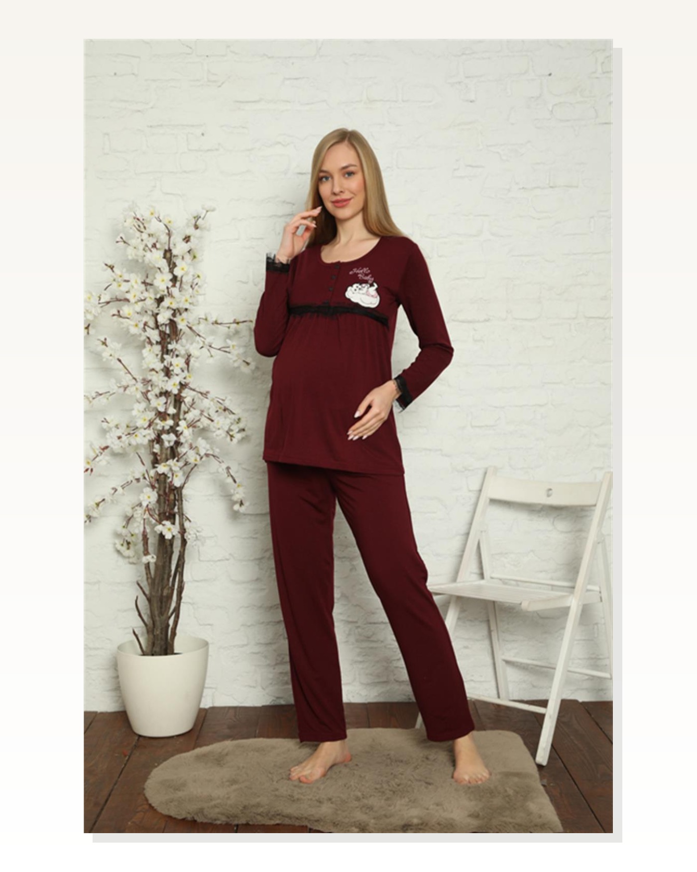 Moda Çizgi Women's Pregnant Maternity Claret Red Pajama Set 45201 Marketplace blank
