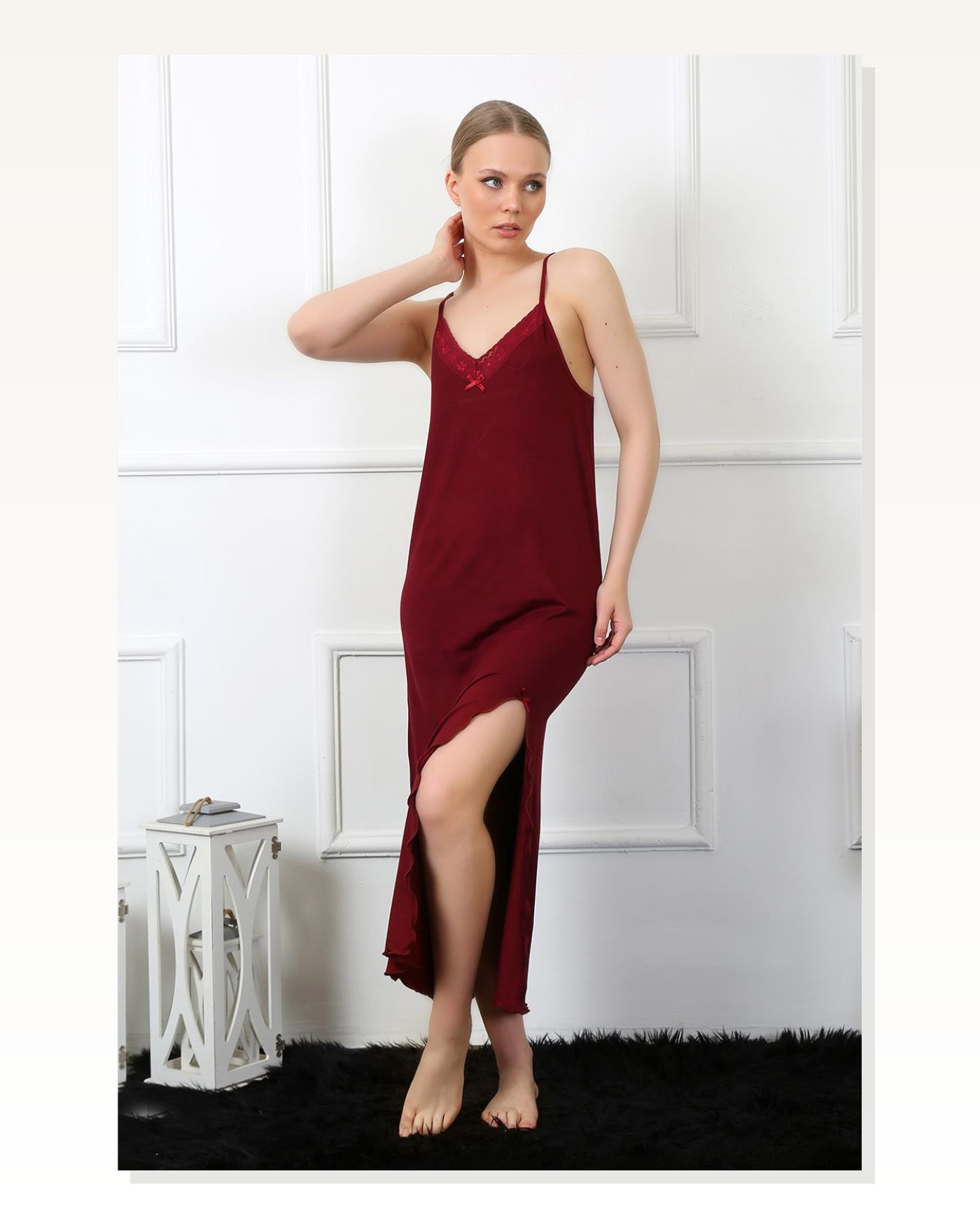 Moda Çizgi Women's Rope Strap Claret Red Long Nightgown 901 Marketplace blank