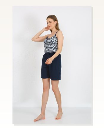 Moda Çizgi Women’s Rope Strap Cotton Combed Shorts Suit Navy Blue 3621