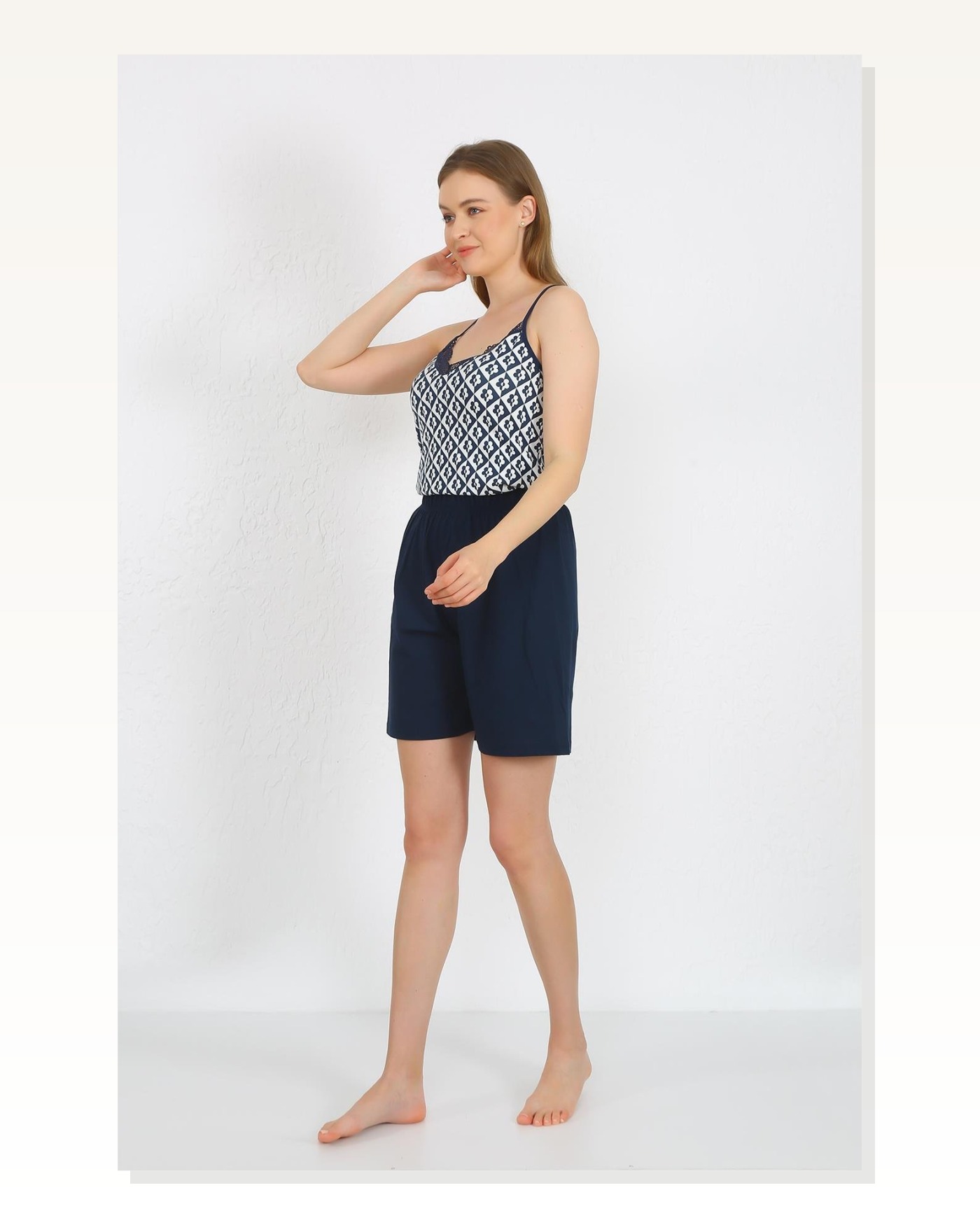 Moda Çizgi Women's Rope Strap Cotton Combed Shorts Suit Navy Blue 3621 Marketplace blank
