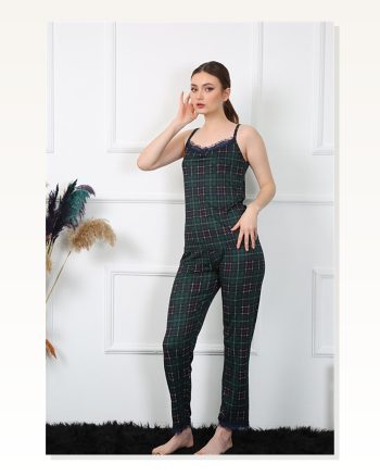 Moda Çizgi Women's Rope Strap Green Plaid Pajama Set 4135