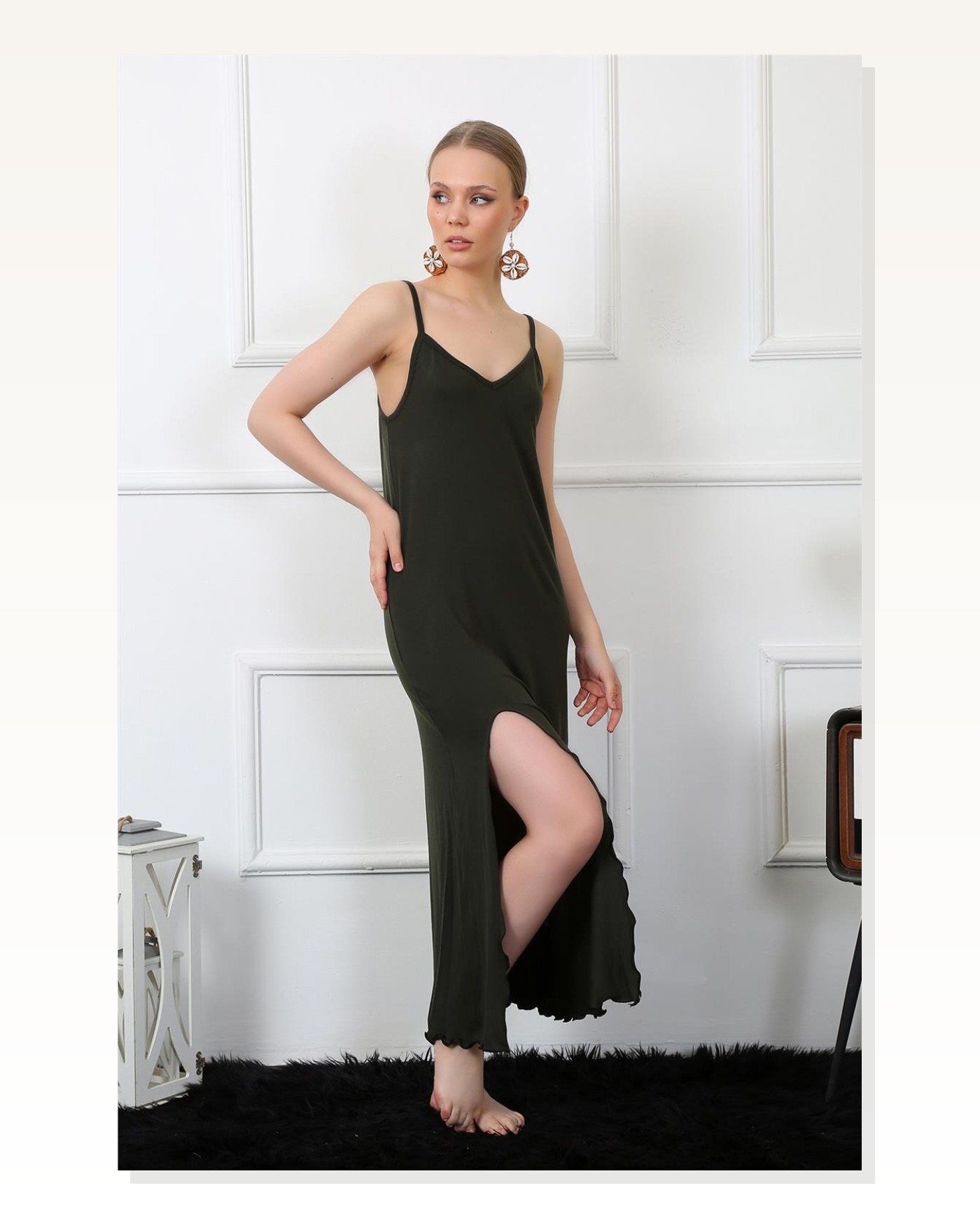 Moda Çizgi Women's Rope Strap Khaki Long Nightgown 901 Marketplace blank
