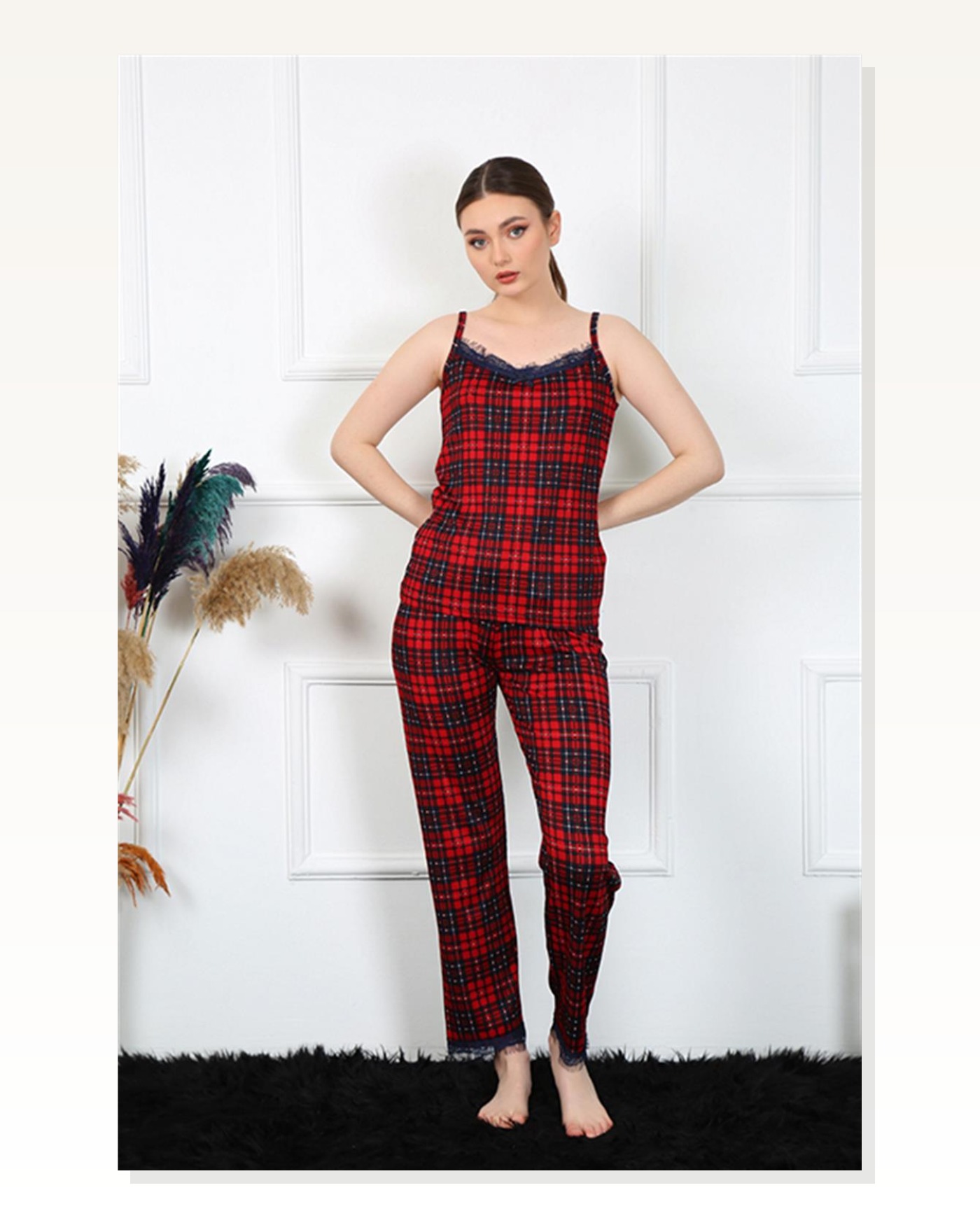Moda Çizgi Women's Rope Strap Red Plaid Pajama Set 4135 Marketplace blank